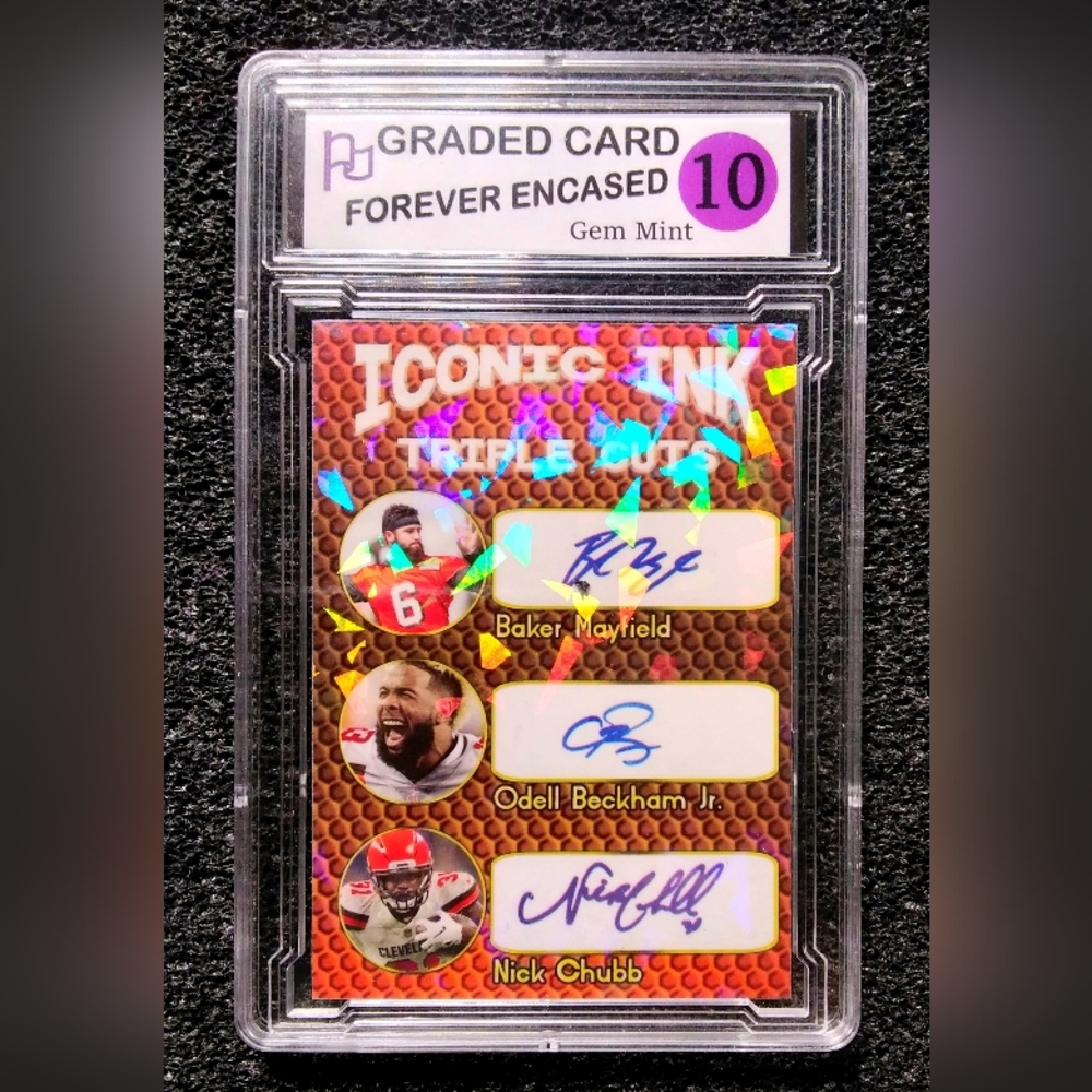 Baker Mayfield, Odell Beckham Jr, Nick Chubb Iconic Ink Triple Cuts Football RC